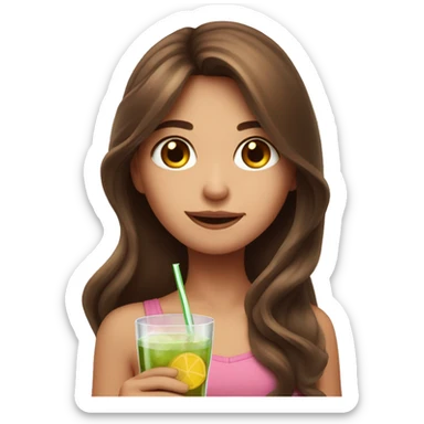 Dizzy cute girl with long brown hair holding a cocktail sticker