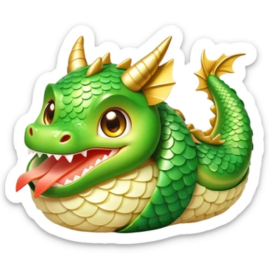 Cute Kawaii Dragon Roll, long and curled like a tiny dragon, bright green avocado scales, happy smiling face, chubby round body, sparkling golden sushi eyes! sticker