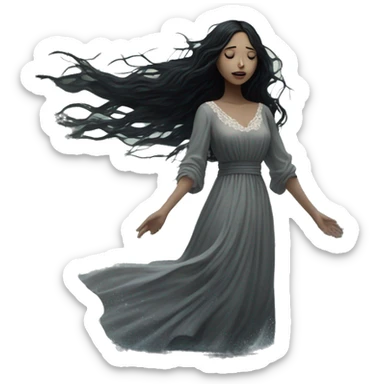 Dramatic girl soaked in water   very pale with dark lighting  with black hair  in river with very very long lace dress  black long hair flying in the wind no face  sticker