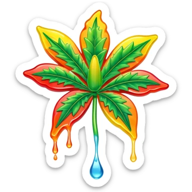generate an emoji-style image of a juicy gummy shaped like a marijuana flower, make it colorful and with liquid dripping out sticker