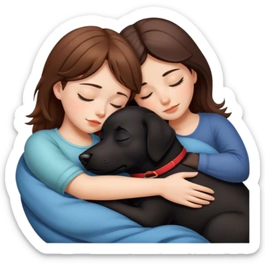 brown-haired girl asleep hugging a black dog sticker