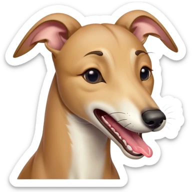 Cinematic Cute Yawning Fawn Greyhound Portrait Emoji, Head tilted slightly with a dramatic, wide-open yawn, showcasing a smooth fawn Fur with a refined finish, floppy ears slightly drooping, round eyes barely open in drowsy contentment, Simplified yet irresistibly adorable features, highly detailed, glowing with a soft, cozy glow, high shine, relaxed yet expressive, stylized with a touch of whimsy, bright and endearing, soft glowing outline, capturing the essence of a sleepy yet affectionate companion, so drowsy it feels like it could stretch out of the screen and curl up for a nap! sticker