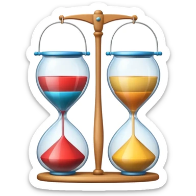 two cups joined by an axle, forming an hourglass shape, spinning on a string stretched between two sticks. Show it in motion, colorful and playful sticker