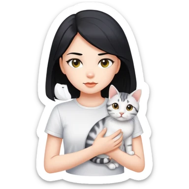 Long black hair beautiful girl wearing a white short-sleeved shirt tightly holding an American shorthair sticker