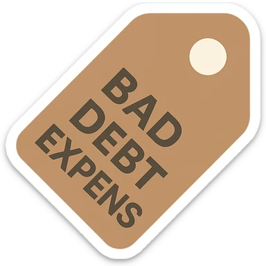 brown price tag icon with 'bad debt expense' in bold clear lettering sticker