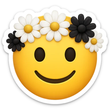 yellow face with white and black flower crown emoji, digital illustration, remove background sticker
