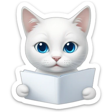 white cat with blue eyes is reading documents sticker