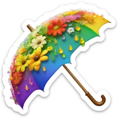 Rainbow umbrella made of flowers with dew drops dripping off and a large handle  sticker