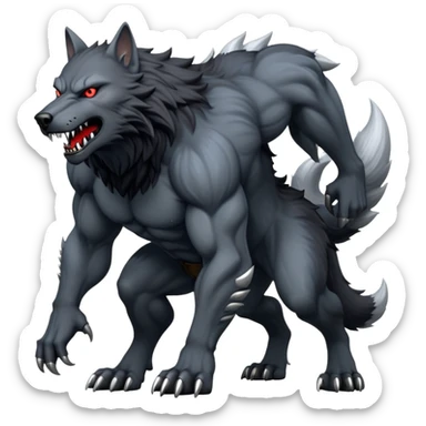 cinematic-noble-fierce-werewolf-full body on all fours-emoji, poised-and-imposing, with a tall, lean, and muscular wolfish frame inspired by the brutal, imposing shape of the beast from Berserk, fur rippling in shades of midnight black and silver, massive paws with razor-sharp claws, elongated limbs and fangs, eyes glowing with an intense, primal ferocity, reflecting the untamed power of the wild moonlit night; rendered with realism like a wolf hunched over sticker