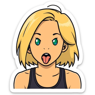 dirty blonde girl with blueish green eyes, black tank top, sticking tongue out and drooling sticker