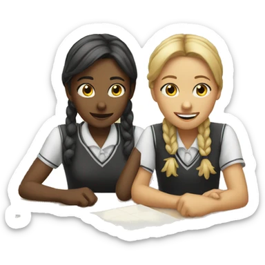 Two schoolgirl at the table are talkng sticker