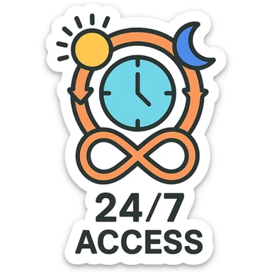 Flat design icon for '24/7 Access' illustrating a clock, sun and moon, or infinite loop, suitable for a business presentation. sticker