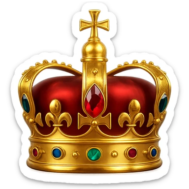 traditional royal crown in polished gold, adorned with colorful gemstones and a soft reflective glow sticker