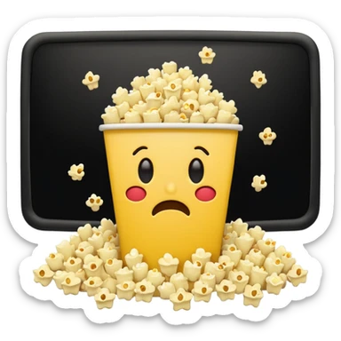 shocked emoji with popcorn spilled, movie screen in background, apple emoji style sticker