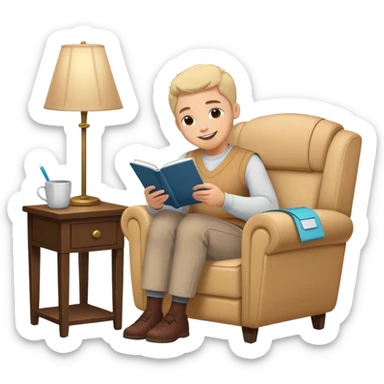 A person sits mindfully in a chair, a gratitude journal nearby, and a phone turned off. A bird chirps outside, a scented candle burns, and a small hidden gift bag peeks from under the table. A framed quote says, "Be Kind to Yourself," while they share a smile with someone. sticker