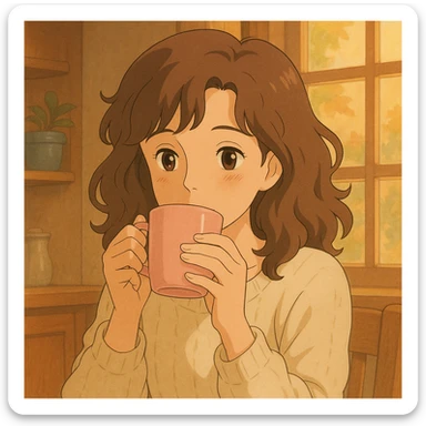 light-skinned woman with wavy brown hair, drinking coffee from a pink cup, ghibli style sticker