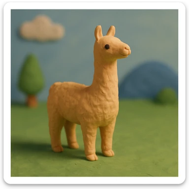 llama in claymation style standing on green grass with visible fingerprints and pastel palette sticker