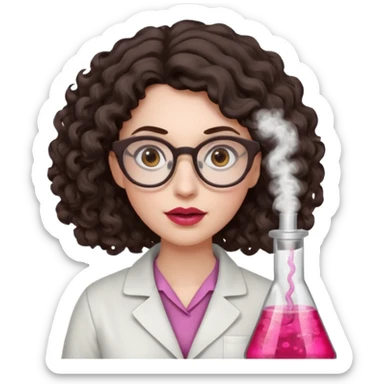 A crazy female scientist, with curly-wavy dark brown medium lenght hair, brown eyes and light grey glasses and pale skin and pinkish lips, dressed to look like an english teacher but in neutral tones like grey black white, maybe with the pop of dark red, she should look slighltly insane sticker