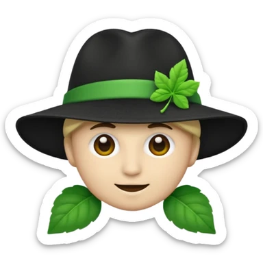 créer un emoji farfadet en noir et blanc, en traçant que les contours, sans pot de pièces dans la main et avec un trèfle à 4 feuilles sur le chapeau sticker