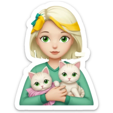 Platinum blonde hair girl with green eyes holding rag doll cat  sticker