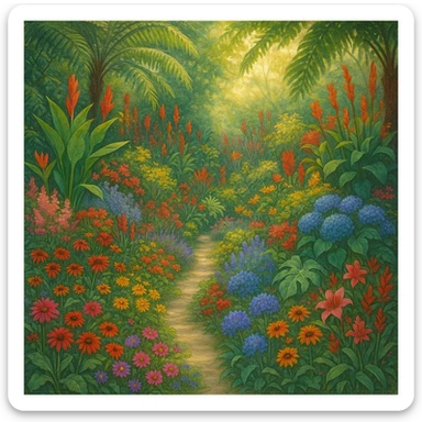 A lush botanical garden with diverse plants and flowers, vibrant and detailed, inviting atmosphere sticker
