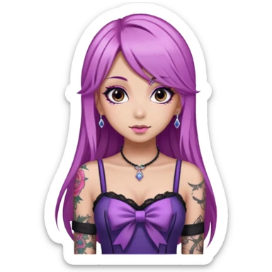 hime gyaru girl, long straight pink and purple hair, tattoos, dark makeup sticker