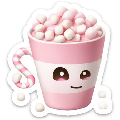 A light pink hot chocolate cup with little marshmallows in and a pink and white candy cane  sticker