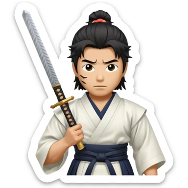 japanese samurai holding samurai sword he is wearing white kimono he has muscles and black messy hair  sticker