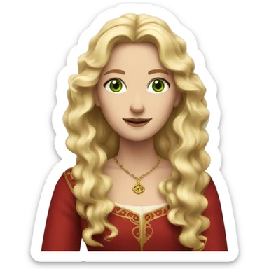 Woman with wavy blonde hair, green eyes, red medieval dress sticker