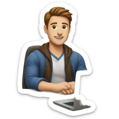 white man with brown hair in front of laptop on desk sticker