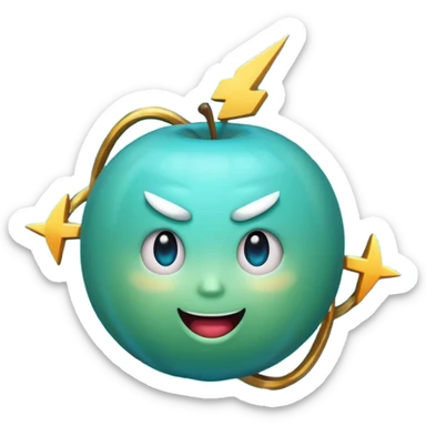 Uranus emoji in Apple-style, blue-green planet with rings, big excited playful face, prominent clearly visible bold lightning bolt, radiating chaotic electric energy sticker