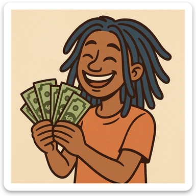 a smiling person with blue dreads, fanning out dollar bills, playful style sticker