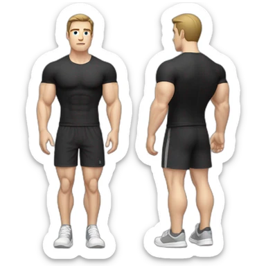 Confused Pale skinned Fit Man With the biceps and dark brown hair in black shirt, gray sports shorts and white Sneakers sticker