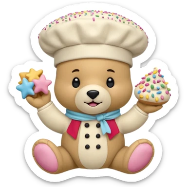 quiero un oso

Mejillas rosadas

Sprinkles en forma de estrellitas

Patitas pequeñas y redonditas

Un gorrito de chef mini

Expresiones cambiantes (feliz, sorprendido, emocionado) sticker