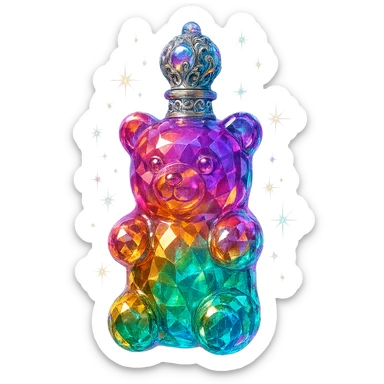 luxurious crystal elixir bottle in gummy bear shape, vibrant translucent color, ornate silver and iridescent details, very small neck, seamless bottom, bottle clearly floating in air, no base or shadow, modern, collection style, extra magical glowing and sparkling effects sticker