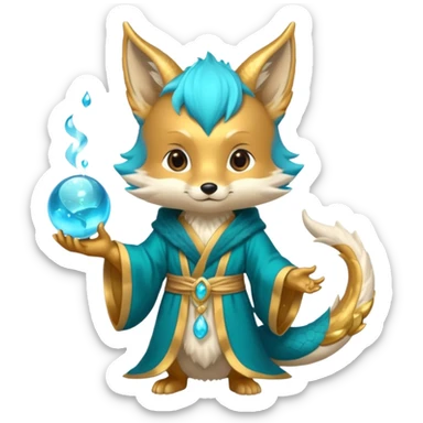 Chibi teal fox with small antler horns, confident magical expression, gold mark on forehead, teal-gold robe, holding glowing blue water orbs, with dragon tail sticker