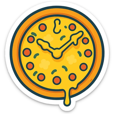 a pizza clock with melted cheese forming the clock hands, whimsical style sticker