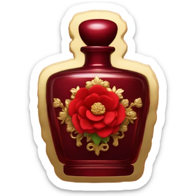 Dark red ornate perfume bottle with red camellias and golden accents sticker