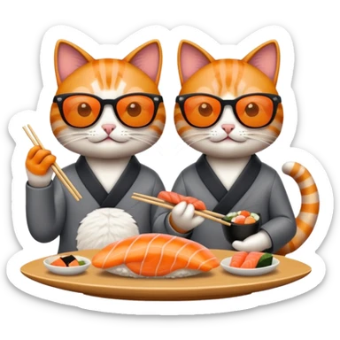 two stylish cats in sunglasses, eating sushi together, emoji style sticker