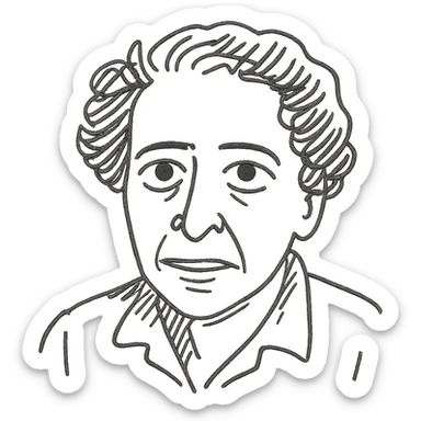 a hand drawn black outline portrait of Hannah Arendt with similar size eyes based a famous photograph of her sticker