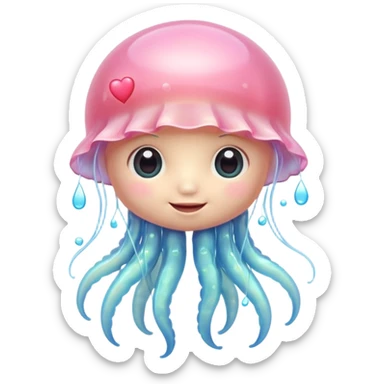 adorable jellyfish with shiny plastic look, huge sparkling eyes, tiny body, friendly smile, rosy cheeks, fine textures, soft pastel colors with bright accents, small heart accessory, detailed shading sticker