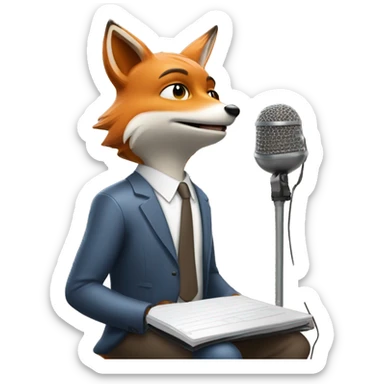Anthropomorphic fox journalist in casual dress interviewing with mic sticker