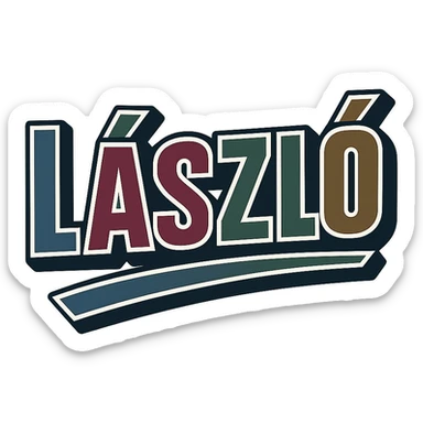 The name 'László' in a masculine, modern font with gradient coloring. Use precise Hungarian characters with dark outlines. The letters are extra thick with a prominent white letter border. Include a dynamic, slanted underline. The gradient colors are masculine shades of blue, gray, burgundy, green, and brown. The image is 1000x1000 pixels, PNG format, with a transparent background. sticker
