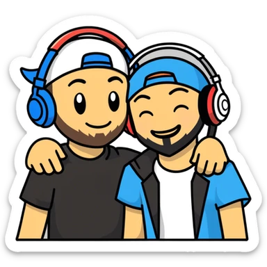 Hot handsomeb muscular 6ft tall smiling happy clean shaven ash ketchum being a  dj and his music rocks while kissing a bearded friend sticker