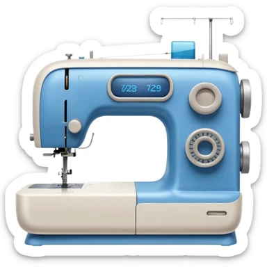Emoji of a modern sewing machine inspired by a Brother machine. Soft, rounded shapes in the style of Apple emojis, with subtle gradients and soft shadows. White body with light gray details, a blue thread spool on top, a small digital screen and a round dial. sticker