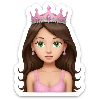 super long haired brunette with middle part cute pink lacy tank with a pink tiara on head, white but tan green eyes  sticker
