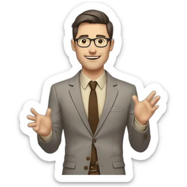 To belt Actively gesturing with hands Okay Pale skinned fit man with dark brown hair in gray jacket, beige office shirt, brown tie, brown pants and vintage glasses. sticker