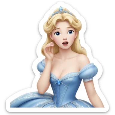 Cinematic Realistic Yawning Cinderella Portrait, showcasing lifelike porcelain skin and intricately detailed golden-blonde hair styled flawlessly as she mid-yawn reveals a moment of tender vulnerability. Her half-closed blue eyes and relaxed expression are rendered with natural, soft lighting that emphasizes the subtle textures of her face and the detailed, flowing fabric of her iconic gown. The scene glows with a cozy, authentic warmth that captures a rare, intimate moment of repose. sticker