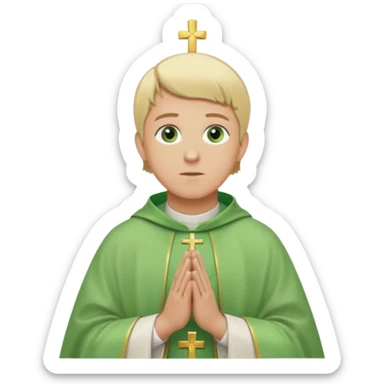 a priest, green eyes, blonde hair, light green chasuble. opening arms, gazing thoughtfully. Soft light, subtle fern. Waist-up, profile. sticker