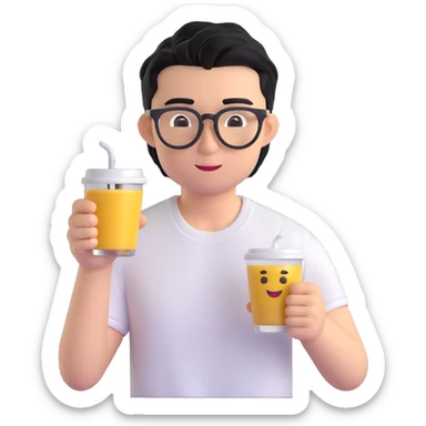 young handsome Asian man with black coffee colored hair, wearing white T-shirt, black framed glasses, holding glasses, very smart, 3D emoji style sticker
